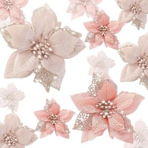 36 Pieces Christmas Poinsettia Glitter Faux Flowers Christmas Artificial Flowers